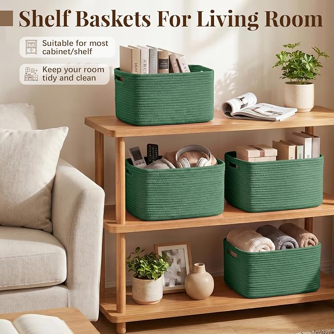 OIASKET 4Packs Natural Cotton Rope Storage Baskets for Organizing Toys, Clothes, Towels & Books, Soft Versatile Organizers for Shelves, Home Decorative Bins, 13''Lx9''Wx7.8''H, Green - Image 6