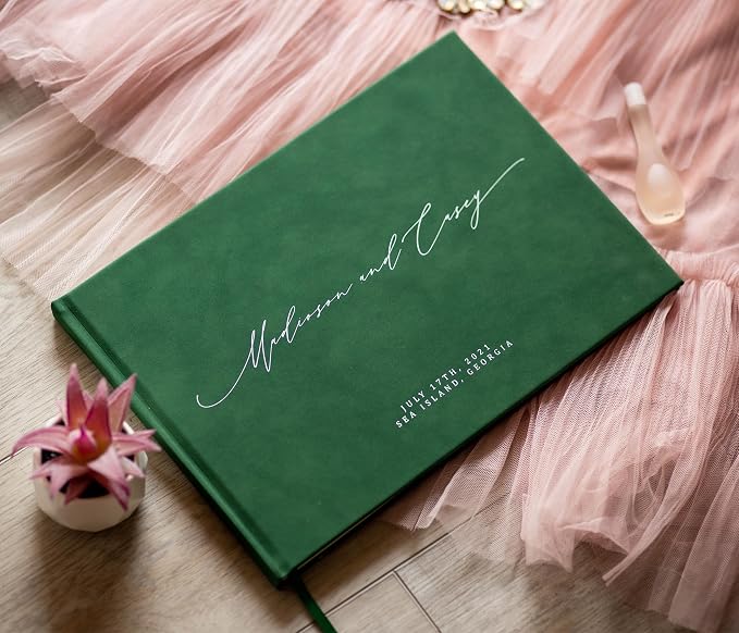 Personalized Guestbook in Emerald - Premium Custom Modern Guest Book for Wedding Reception, Birthday Party or Events w/Bookmark Blank Pages for Signing 11.5 x 8.5 inches - Image 7