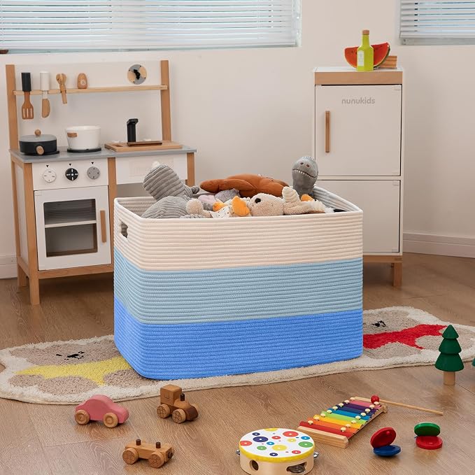 OIAHOMY 108L Extra Large Blanket Basket Dog Toy Basket Gradient Light Blue | Rectangle Woven Baskets for Storage Cotton Rope Basket For Living Room Toy Storage Blanket Storage Laundry Basket - Image 5