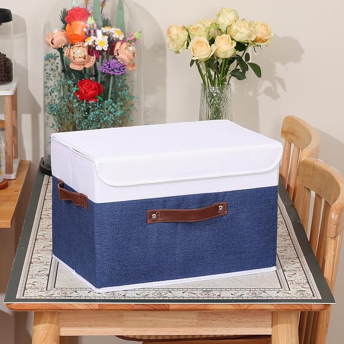 ANMINY Fabric Storage Box Bins with Lids, Blue White, 15"x10"x10" | Keepsake Memory Storage, Cotton Linen, PP Board Reinforced, Washable, PU Handles, Foldable & Stackable, Decorative, Large - Image 8