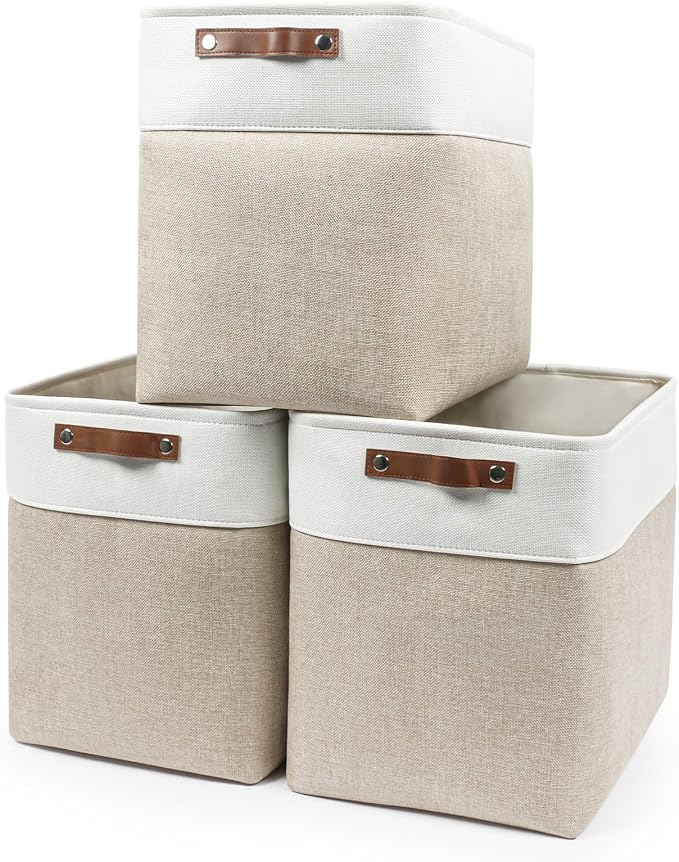 Large Fabric Storage Baskets | 50L Storage Bins, Decorative Linen Closet Baskets with Handles for Organizing, Shelf, Toys, Clothes, Home, Office, Nursery, 17x12x15Inches (Beige&White) by Bagnizer