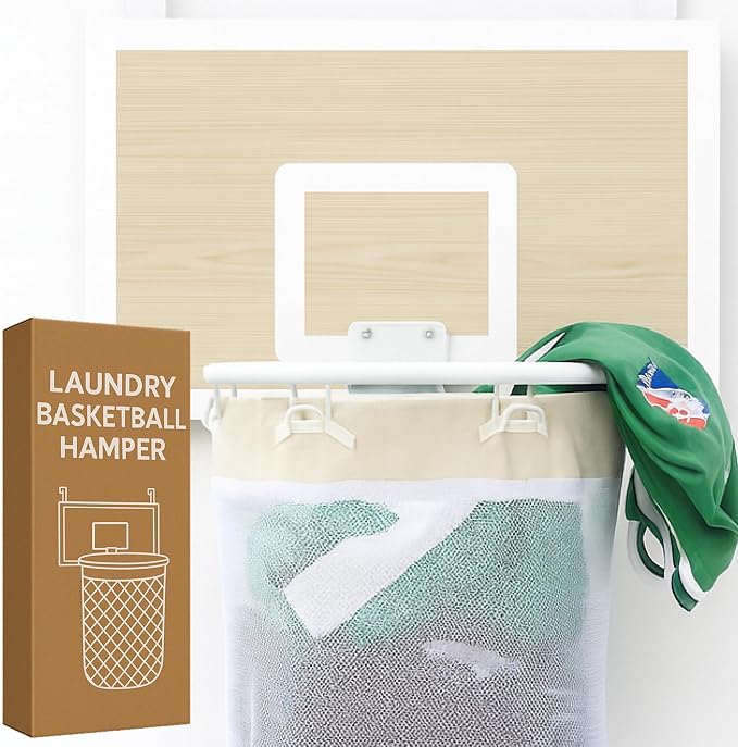 ActiveJoy – Basketball Laundry Hamper – Wooden Backboard & Mesh Hoop Laundry Basket – Over Door Hanging Organizer for Kids - White Oak by Activejoybyblissbolt