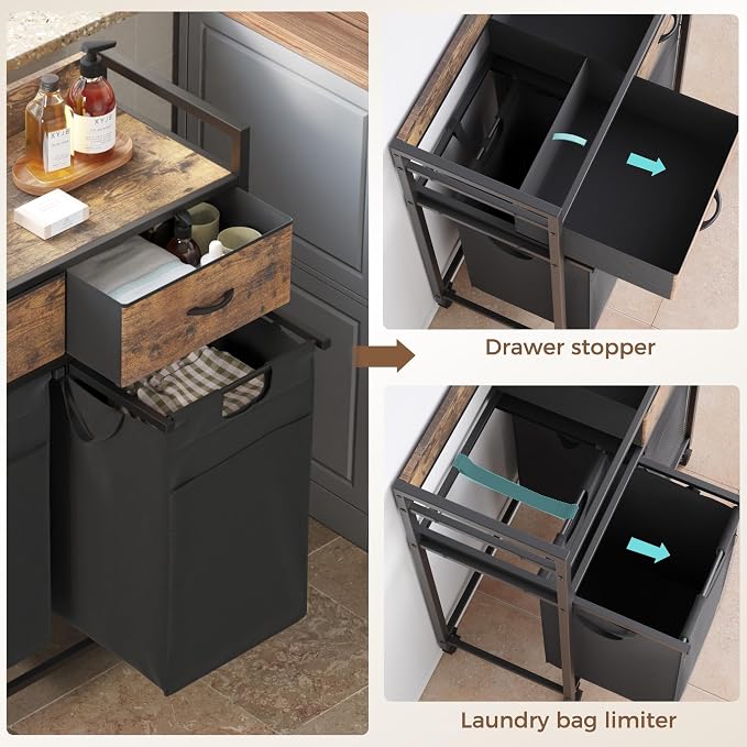 Mondeer 100L Laundry Sorter 3 Section with 3 Bags 4 Wheels 2 Drawers | 50L x 2 Pull-Out Laundry Hamper Baskets Removable for Laundry Room Bathroom - Image 5