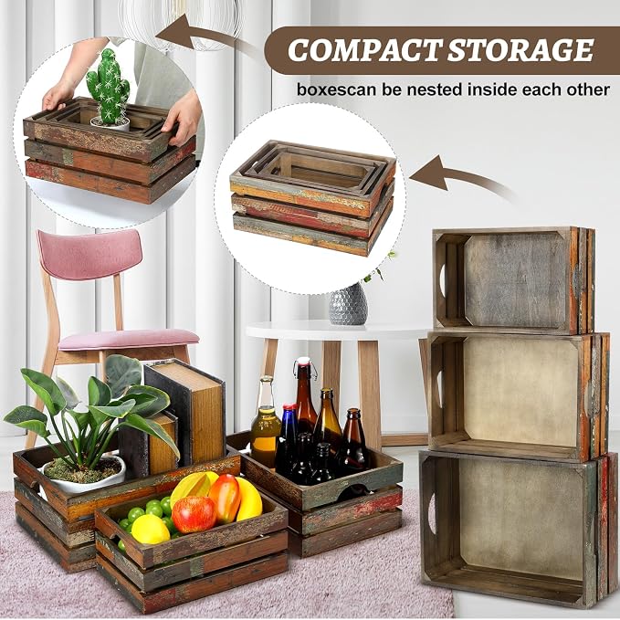 Barydat Set of 5 Wood Crates for Display Decorative Nesting Wooden Crate Storage with Handles Vintage Farmhouse Style Decorative Boxes Multipurpose Fruits Vegetables Boxes(Colored Drawing,Random) - Image 4