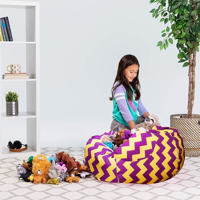 Posh Creations Stuffable Kids Stuffed Animal Storage Bean Bag Chair Cover - Childrens Toy Organizer, Large 38" - Pattern Chevron Purple and Yellow - Image 6