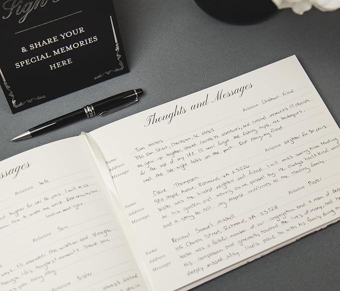 Cross Hardcover Funeral Guest Book - 9.5 x 7 Celebration of Life Guestbook for Memorial Service with 5x7 Paper Sign, Pen, Black Photo Corner Stickers - Image 2