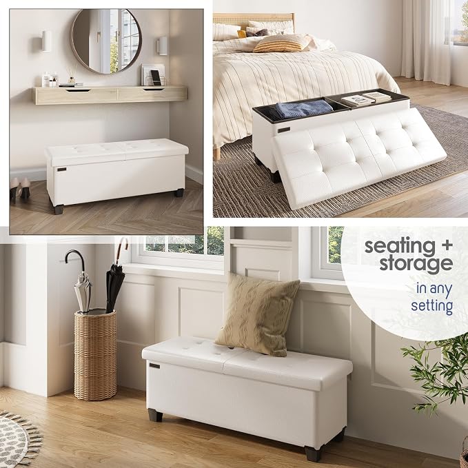 Storage Ottoman Bench with Bins, 43-in Storage Bench for Bedroom End of Bed, Folding Foot Rest Ottoman for Living Room Max 660lbs, Faux Leather Ottomans, Cream - Image 4