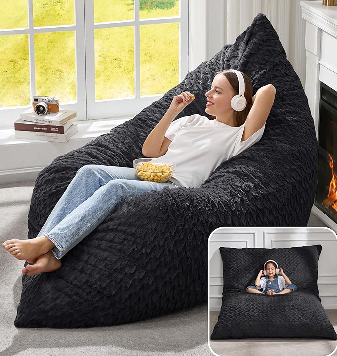 Hobestluk Adult Bean Bag Chair 3 in 1 Convertible Large Bean Bag Sofa | Chevron Plush Black,Machine Washable,Removable Cover,Easy Convert And Install, Floor Bed,For Livingroom Bedroom by YourHomeDeservesMore