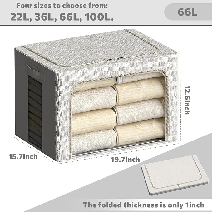 FHSQX 2 Pack Clear Window Storage Bins Large Stackable Linen Fabric Storage for Clothes Foldable Container Organizer Set with Carrying Handles (Lvory White, 19.7x 15.7x 12.6 Inch) - Image 3