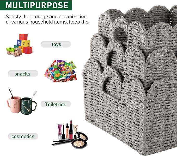 OIAHOMY Scalloped Wicker Baskets, Hand-woven Storage Baskets with Built-in Handles, Paper Rope Shelf Baskets for Organizing and Decoration, Set of 3-Grey - Image 4
