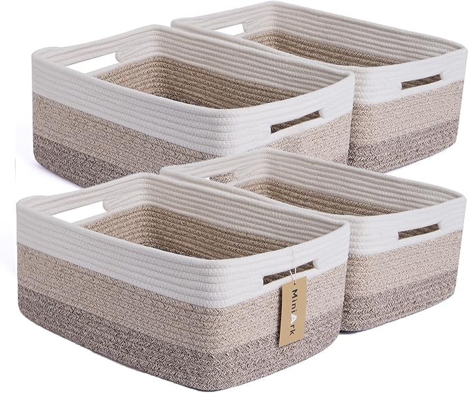 MiniArk Large Storage Baskets for Organizing, 17 x 13 x 7.5” Closet Shelf Baskets for Clothes Blanket Towels, Baby Nursery, Toy Bins Box, Woven Rope Baskets, 4 Packs Gradient Brown by MiniArkStorageBasketsHome