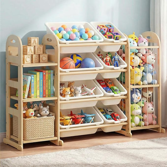 Wooden Toy Storage Organizer, Toy Organizers & Storage with Stuffed Animal Storage, Toy Storage Shelf with 3 Shelves, 8 Storage Bins, Kids Bookshelf, Toy Holder for Toddler Rooms, Playrooms, Bedrooms by Orekemo