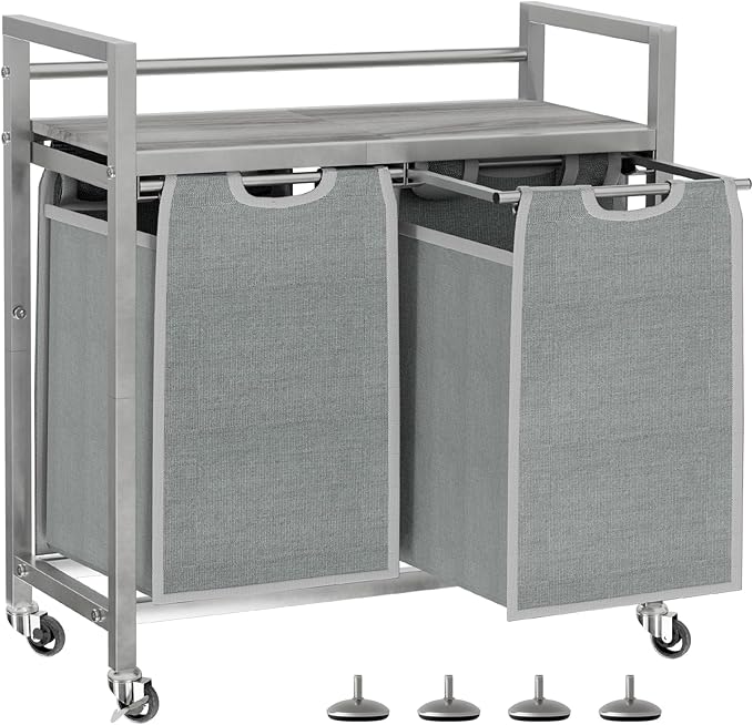 SwaaVee Laundry Sorter, Laundry Hamper with Wooden Top Shelf, 2×14.5Gal(110L), Metal Frame laundry basket with wheels, Pull out and Removable Laundry Bags, 2 Bags-Gray by SwaaVeeYourBestOrganizingHelper