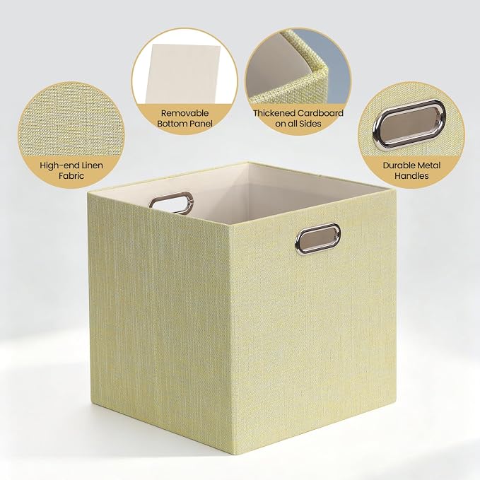 Posprica Storage Cubes, 13 x 13 x 13 Inches Fabric Bins with Double Handles，Cubes Basket Containers, For Shelf Cabinet Bookcase, Closet Organizers for Shelves, Foldable-Set of 4, Yellow/Beige mixed - Image 3