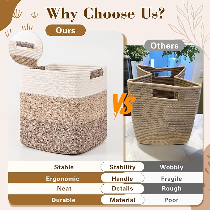 12 Inch Storage Cubes, 3 Pack Cube Storage Bins for Organizing, Cotton Rope Woven Baskets for Shelves, Bathroom, Kids Room, Closets, Baby Nursery - Image 6