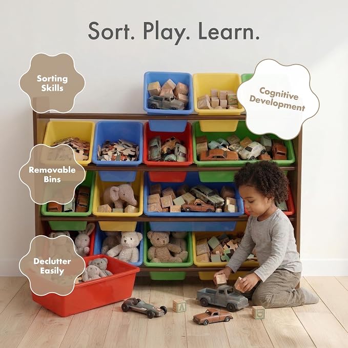 Humble Crew Kids Toy Organizer with 16 Bins, 4 Tier Storage for Playroom | Sturdy wood and steel toddler shelf, removable BPA-free containers, wall anchor anti-tip safety kit for bedroom or classroom - Image 6