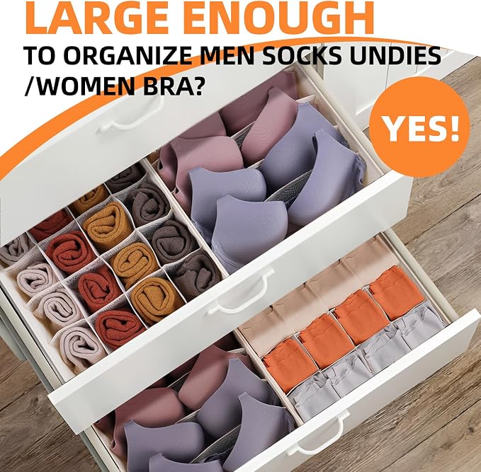 6 Pcs Drawer Organizer Clothes - 90 Cells Closet Organizers and Storage for Baby Nursery - Washable Fabric Dresser Organizer Dividers for Sock Underwear Bra Dorm Room Essentials (Beige) - Image 3