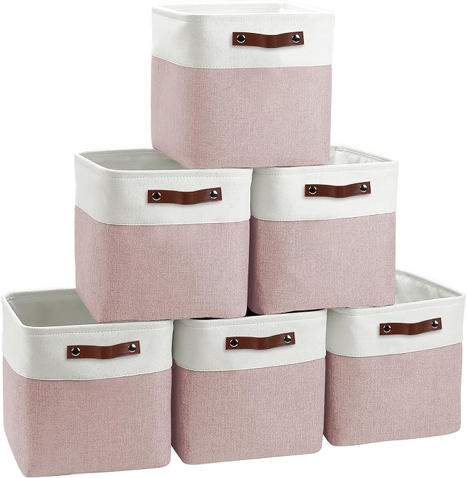 FinishingBo 11 inch Cube Storage Bin 6 Pack, Cube Organizer Bins | Fabric Storage Bins With Handles, 11x11 Storage Cubes, Shelf Basket, White Pink by SimplifySpaceSimplifyLife