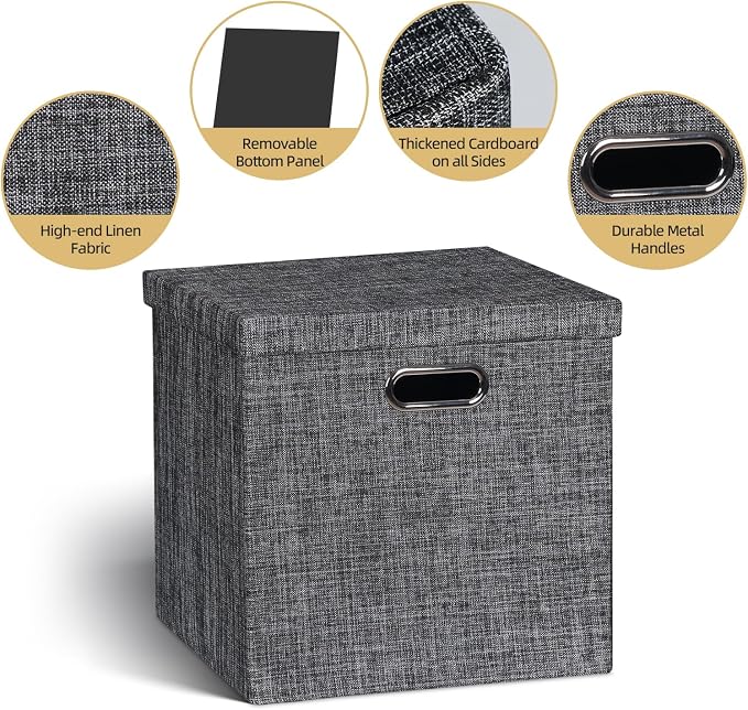 Posprica Storage Bins with Lids,13×13×13 Foldable Storage Cube Baskets Boxes Fabric Drawers for Closet Shelf Cabinet Bookcase,Set of 4,Black - Image 2