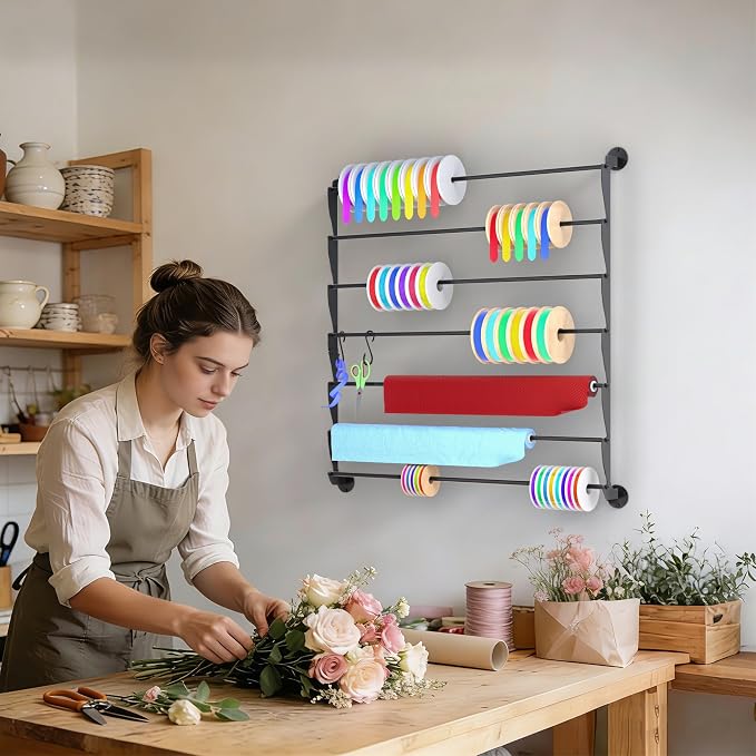 Ribbon Organizer, Wall Mounted Ribbon Holder Storage Rack with Activity Hooks, 7 Tier Metal Wrapping Paper Storage for Craft Room, Flower Shop, Cake Shop, Gift Wrapping Paper, Mesh Ribbon, Washi Tape - Image 2