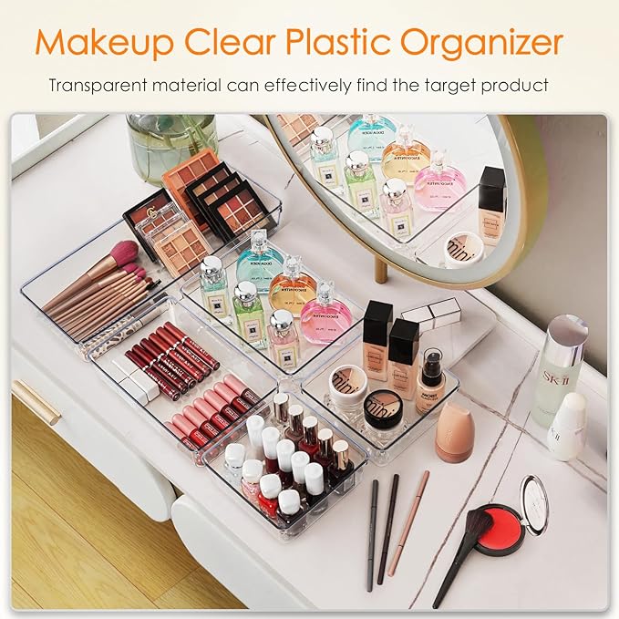 Drawer Organizer, 10 Pack Large Clear Plastic Set, 3 Size Versatile Bathroom and Vanity Organizer Trays, Storage Bins for Makeup, Bedroom, Kitchen Utensils - Image 5