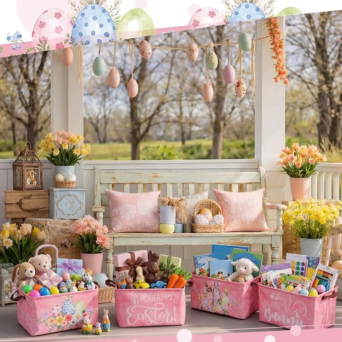 CHENGU 6 Pack Easter Storage Bin Collapsible Cute Easter Basket for Gift Large Pink Bunny Eggs Holiday Decor Rabbit Hunny Bunny Basket Foldable Farmhouse Flower Box with Handle for Bedroom Office Home - Image 5