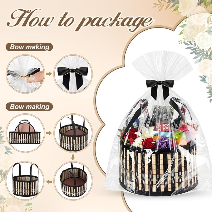 Weysat 6 Set Baskets for Gifts Empty Bulk, Large Woven Bamboo Gift Basket Kit with Handles, Bow, Wrap Bag to Fill for Raffle Thanksgiving Day Wedding Birthdays Party Wrapping (Black) - Image 3