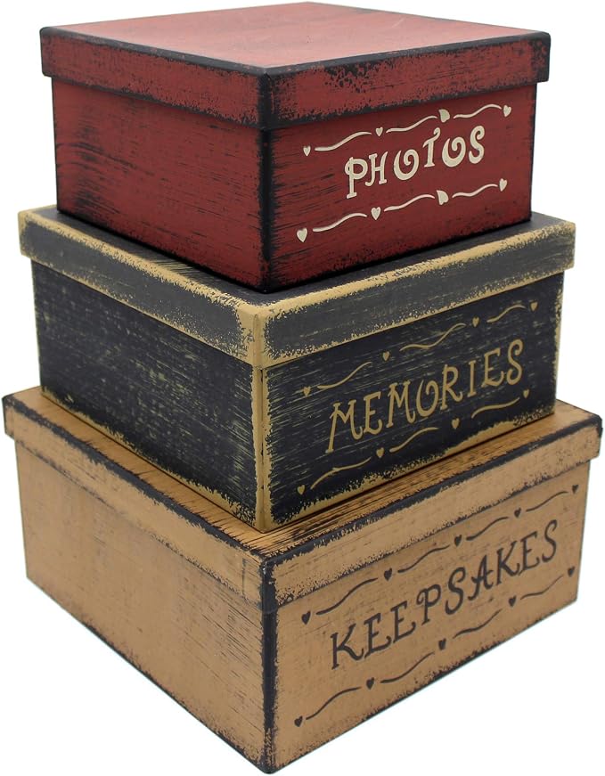 Primitive Vintage Square Photos, Memories, Keepsakes Cardboard Nesting Boxes, Large 9 X 9 X 4-1/2 Inch. Set of 3. - Image 2