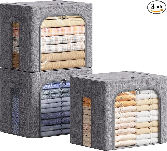 Lifewit Clothes Storage Bins with Metal Frame, Stackable Storage Box, Foldable Clothing Storage Bins with Lids, 40L Storage Bags Fabric Box Organizer with Clear Window＆ Zippers＆ Sturdy Handles 3 Pack by Lifewit