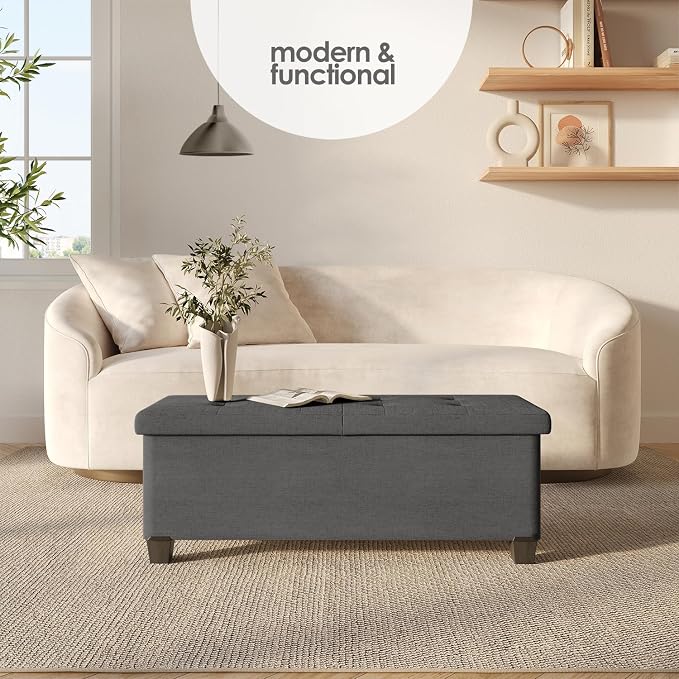 Storage Ottoman Bench with Bins, 43-in Storage Bench for Bedroom End of Bed, Folding Foot Rest Ottoman for Living Room Max 660lbs, Fabric Ottomans, Grey - Image 2