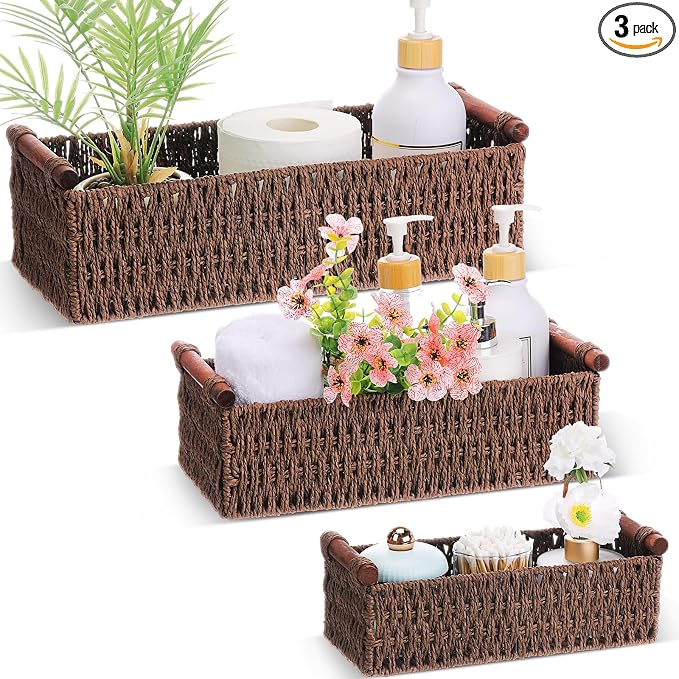 Boao 3 Pcs Boho Storage Wicker Baskets Handmade Woven Decorative Paper Rope Baskets for Organizing with Handle Countertop Toilet Paper Storage Container for Toilet Tank Top(Brown,Rectangle) by Boao