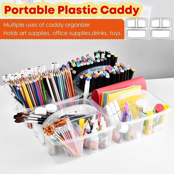 ALINK Plastic Classroom Caddy Organizer with Handle, 6-Pack 3 Compartments Portable Plastic Storage Caddy for Classroom Organization, Table, Desk, Office, Craft Art, Teacher Supply - Clear - Image 4