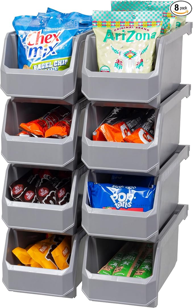 Medium Stackable Plastic Storage Bins, 8-Pack, Gray | Open-Front Stackable Bins For Garage, Pantry, Closet & Office, 11"L X 5,5"W X 5"H, Nests When Empty, Durable Plastic, by Akro-Mils