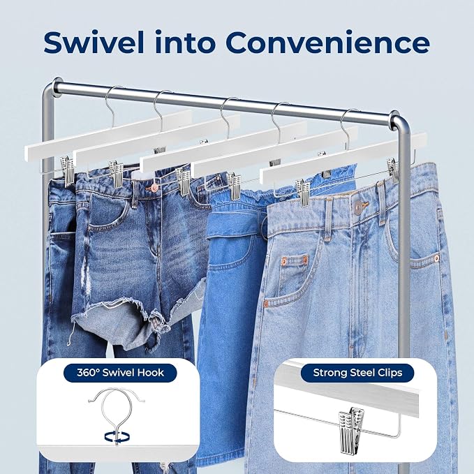 SereneLife Premium Wooden Pants Hangers 20 Pack, Solid 14" Wood Skirt Hangers with 2-Adjustable Clips, Heavy Duty & Anti Slip Wood Bottom Hanger for Slacks, Jeans, Trousers, Shorts (White) - Image 6