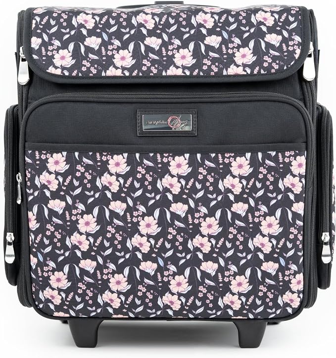 Everything Mary Rolling Scrapbook Tote – Black & Floral Trim Foldable Craft Organizer Tote for Scrapbooking Supplies, Art Tools, Paper & Accessories – Portable Storage Bag by EverythingMary