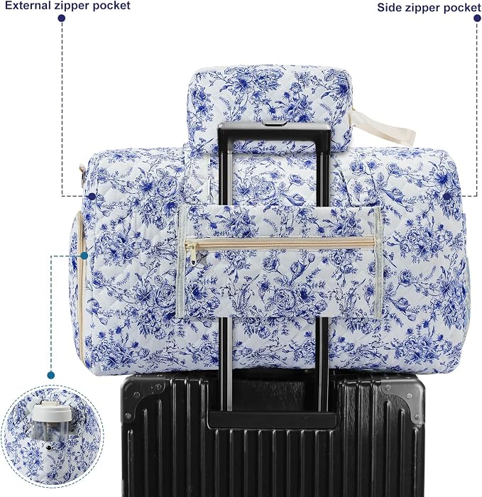 Quilted Floral Duffel Bag 2 Pack Weekender with Shoe Compartment | Women's Overnight Hospital Bag for Labor Delivery, Carry-On Travel Duffel with Toiletry Pouch for Gym & Weekend Getaway - Image 4