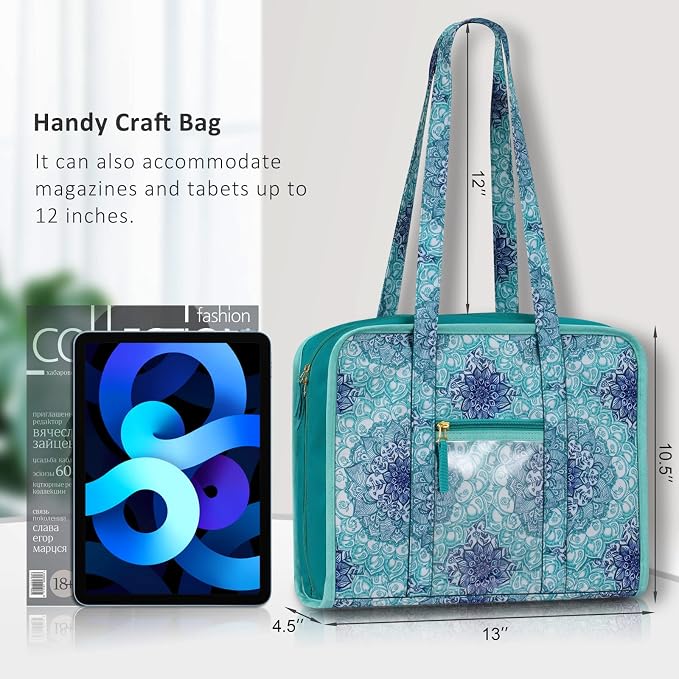 FINPAC Sewing and Craft Supplies Storage Tote Bag with Clear Pockets | Large Art Organizer Caddy Travel Packing Shoulder Bag for Knitting, Sewing Accessories, Emerald Illusions - Image 6