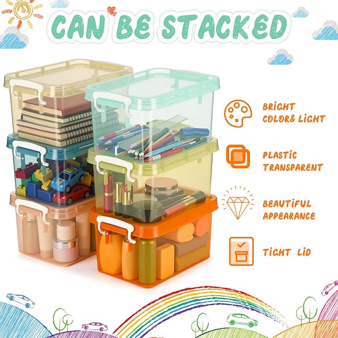 6 Pack Colorful Plastic Storage Bins with Lids 4 Quart Small Storage Latch Box Stackable and Nestable Clear Organizer Bins with Latching Handle and Buckle for Organizing (Pastel) - Image 4