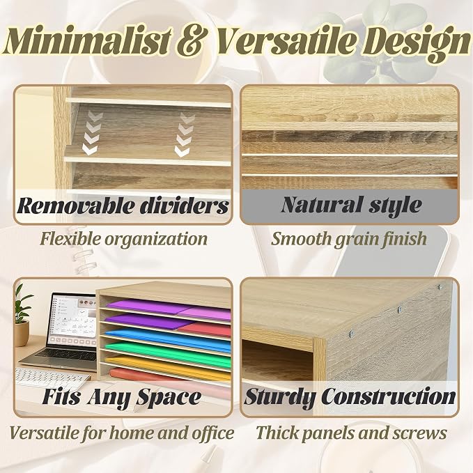 Construction Paper Organizer 20" x 13.5" x12.2",Soild Wooden Paper Organizer with 6-Tier Letter Trays, Desktop File Papers Sorter for Home, Classroom and Office (White Oak) - Image 3