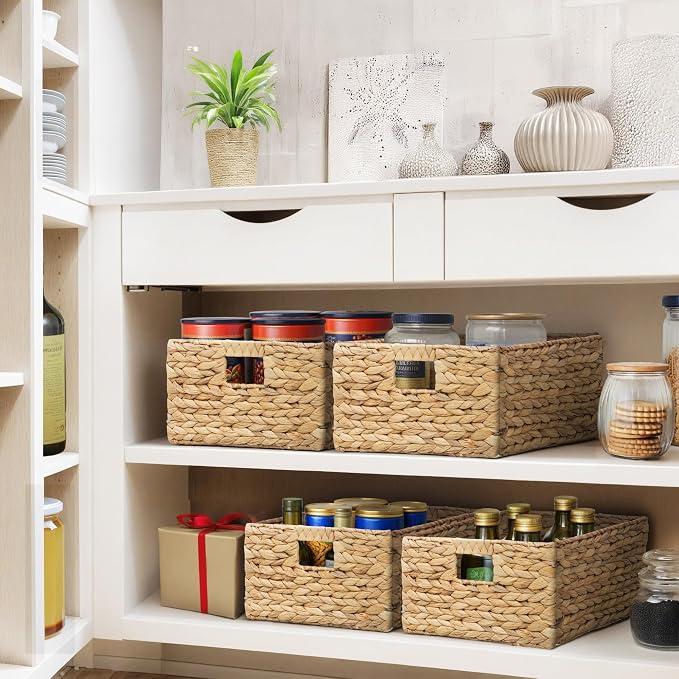 Woven Hyacinth Wicker Pantry Storage Baskets, Set of 6 | Rectangular, 13.25"x9"x7", Iron Wire Frame, Natural - Image 3