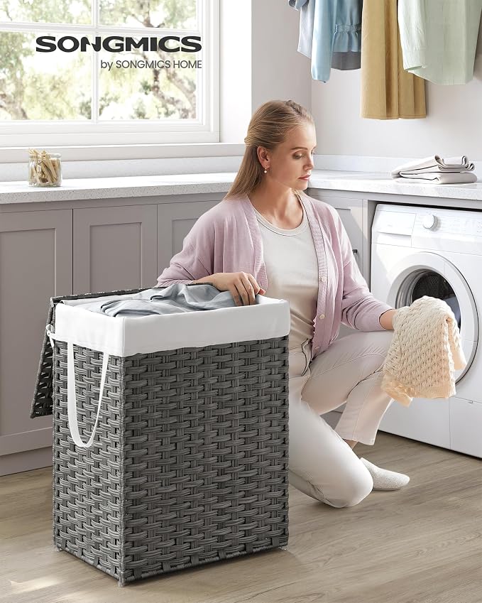 SONGMICS Laundry Hamper with Lid, 23.8 Gallon (90 L) Synthetic Rattan Clothes Laundry Basket with Lid and Handles, Foldable, Removable Liner, Dove Gray ULCB51WG - Image 2
