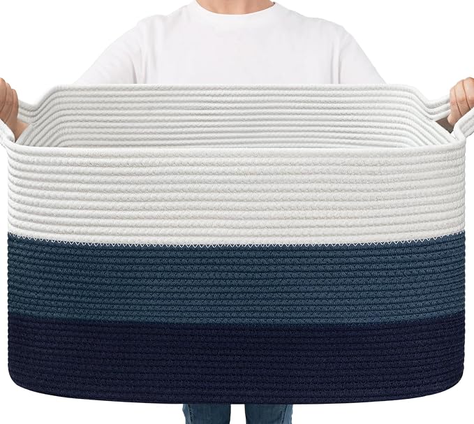 Goodpick Large Woven Rope Blanket Basket, Rectangle, Light Blue | 21.6'' x 14.9'' x 11.8'' Storage Basket for Toys, Books & Blankets, Bedroom & Nursery Organization, Reinforced Handles by Goodpick