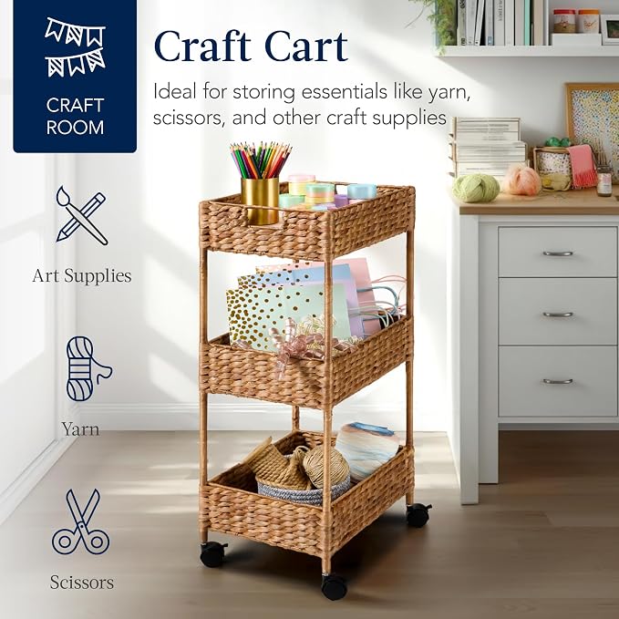 Best Choice Products 3-Tier Water Hyacinth Rolling Nursery Caddy w/Wheels, Utility Cart, Storage Organization for Bathroom, Craft Room, Laundry Room - Chestnut - Image 7