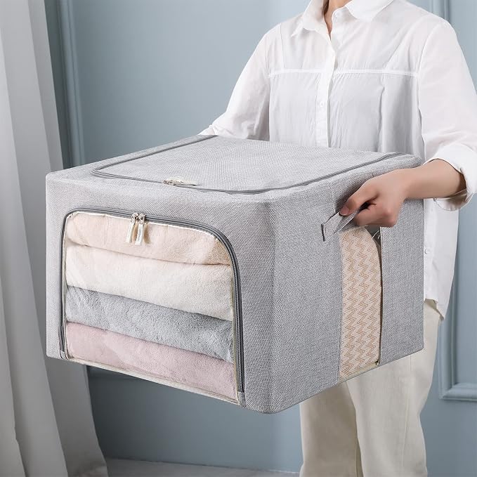 CYhom 3Pack Foldable Storage Bins - Frame Storage Box Linen Fabric Stackable Clothes Container Organizer with Clear Window & Carry Handles Large Capacity (Large-66L, Light Grey) - Image 8