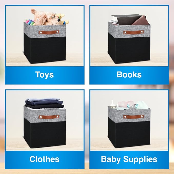 11 Inch Cube Storage Bin - 6 Pack - Linen Fabric 11x11 Cube Storage Bins for Bedroom, Living Room, Clothes and Toys; Foldable, Dual Leather Handles - Image 5