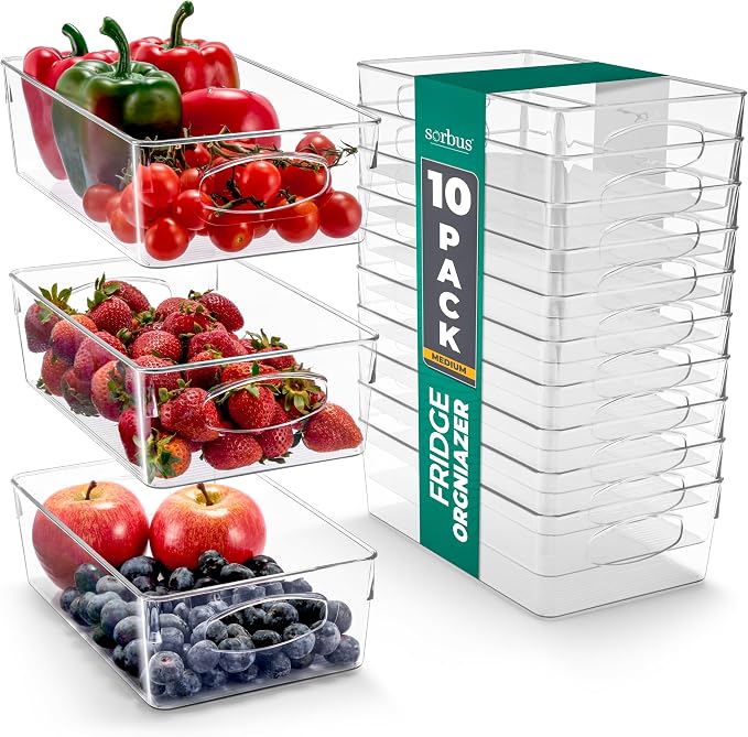 Sorbus Fridge Organizers and Storage, Clear Bins (Medium, 10 Pack) | Plastic bin with easy access for cabinets, packaged food, produce and household supplies; contents stay visible for sorting by Sorbus