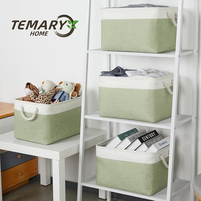 Temary Fabric Storage Baskets 4Pack Storage Bins Decorative Basket for Gift, Clothes Bin with Handles, Rectangle Baskets for Storage, Blankets(White&Green,15x11x9.5 inch) - Image 5