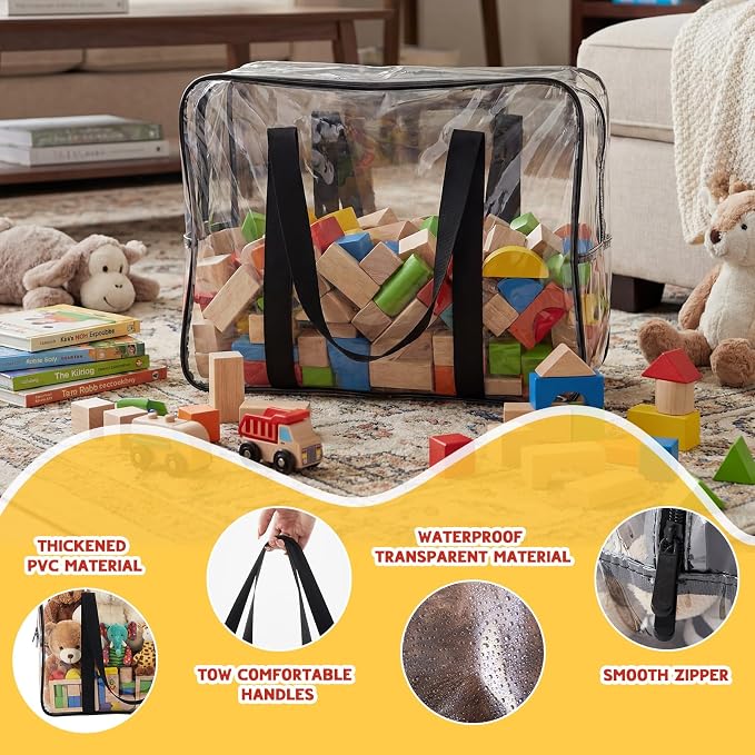 4 Pack Extra Large Clear Toy Storage Bags, 14x18x7 in, Black | Thick PVC Organizer Bags, with Zipper Handles, Ideal for Blocks, Puzzles, Stuffed Animals and Playroom Organization - Image 3
