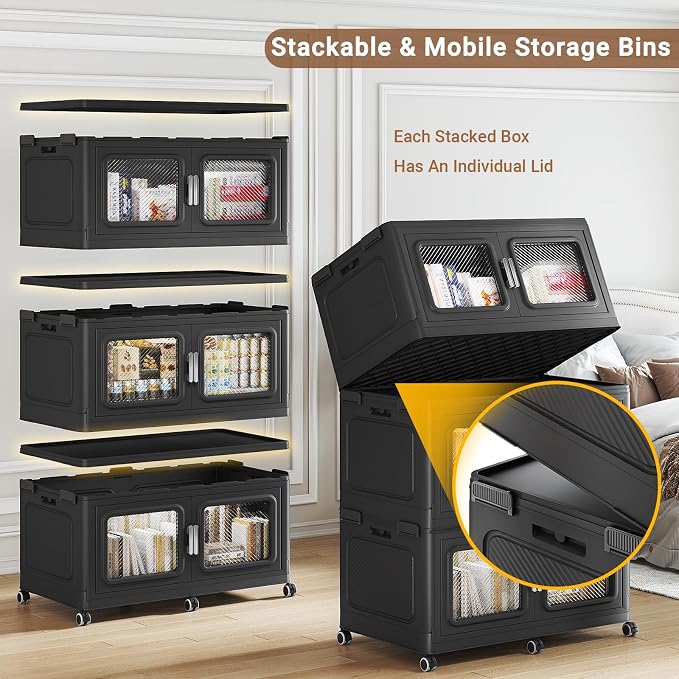 BROVIEW 880 Qt Extra Large Stackable Storage Bin with Lids, 4 Pack Black | 220Gal Extra Large, Collapsible Storage Boxes with 4 Lids, Folding& Rolling Plastic Drawer, Heavy-Duty Cabinet Organization - Image 3