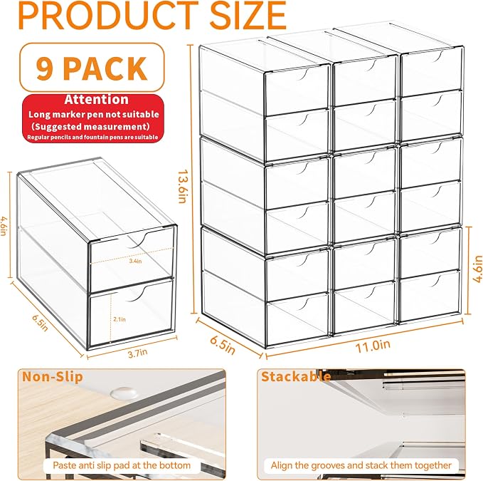 9 Pack Small Acrylic Drawers With 18 Drawers,Clear Drawer Organizers Stackable,School,Office Supplies Organizer And Storage Bins for Stationery,Pen,Pencil,Craft,Glasses,Sunglass Organizer Case - Image 3